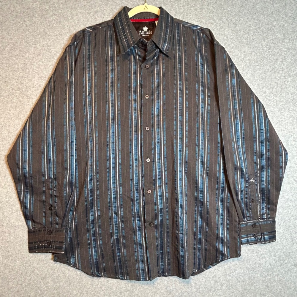 Chocolate Brown Teal Metallic Flocked Stripe Shirt XL Y2K Vintage Cyber Clubwear